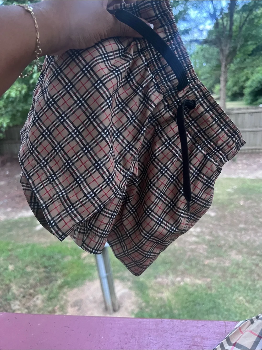 Burberry Tan, Black & Red Striped Short Sleeve Shirt